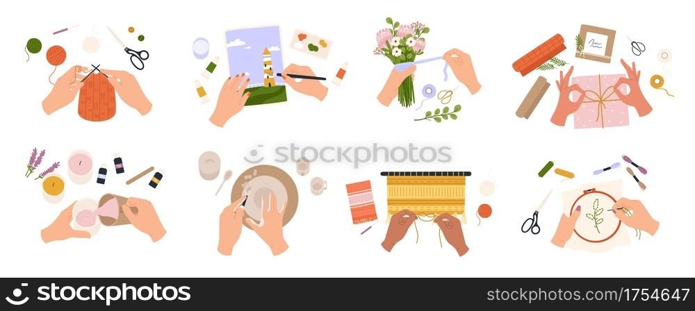 Hands create crafts. Handmade hobbies, creative work and art. People knit, draw, embroider, make candles and bouquets, top view vector set. Illustration creative work, hand made art. Hands create crafts. Handmade hobbies, creative work and art. People knit, draw, embroider, make candles and bouquets, top view vector set