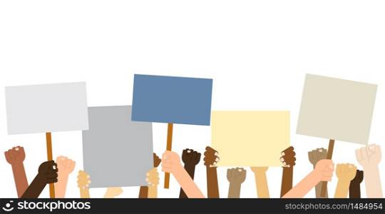 Hands crown people holding protest posters isolated on white background - Vector illustration