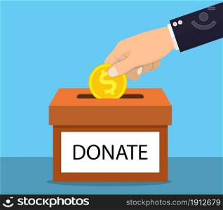 hands depositing coin in a carton box with text banner donate. Vector illustration in flat style. hands depositing coin in a carton box