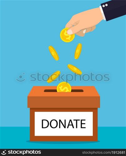 hands depositing coin in a carton box with text banner donate. Donate dollar currency. Vector illustration in flat style. Human hand and money coins