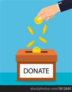 hands depositing coin in a carton box with text banner donate. Donate dollar currency. Vector illustration in flat style. Human hand and money coins