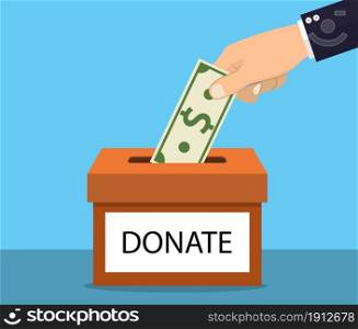 hands depositing money in a carton box with text banner donate. Vector illustration in flat style. hands depositing money in a carton box