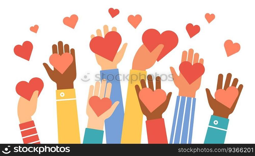 Hands donate hearts. Charity, volunteer and community help symbol with hand gives heart. People share love. Valentines day vector concept. Give sign red heart in hand illustration. Hands donate hearts. Charity, volunteer and community help symbol with hand gives heart. People share love. Valentines day vector concept