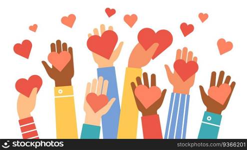 Hands donate hearts. Charity, volunteer and community help symbol with hand gives heart. People share love. Valentines day vector concept. Give sign red heart in hand illustration. Hands donate hearts. Charity, volunteer and community help symbol with hand gives heart. People share love. Valentines day vector concept