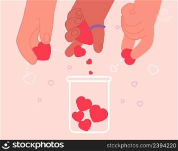 Hands donate love. Hand hold hearts and fill jar. Donations and volunteering concept. Romantic feelings, hope and support vector illustration. Charity care help and donate. Hands donate love. Hand hold hearts and fill jar. Donations and volunteering concept. Romantic feelings, hope and support vector illustration