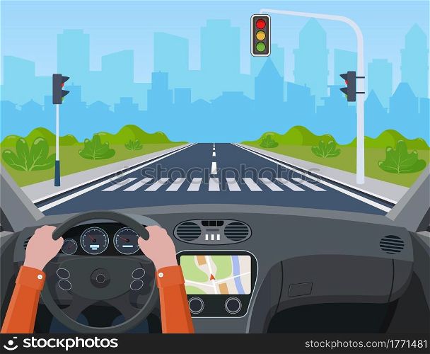 Hands driving a car on the street. city road on crosswalk with traffic lights. markings and sidewalk for pedestrians. Vector illustration in flat style. city with traffic lights