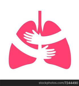 Hands embrace human lung. Health care concept. Icon design. Flat style. Vector illustration isolated on white background.