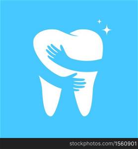 Hands embrace tooth. Flat style, icon design. Dental care concept. Vector illustration isolated on blue background.