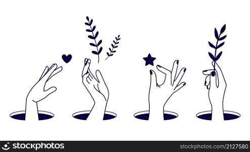 Hands from holes. Outline female hand holding star heart and floral branch vector set. Hands from holes set