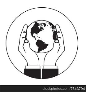 Hands gently holding a globe. Vector illustration