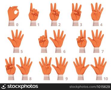 Hands gesture numbers. Human palm and fingers show different numbers vector cartoon illustration. Gesture human hand, gesturing different numbers. Hands gesture numbers. Human palm and fingers show different numbers vector cartoon illustration