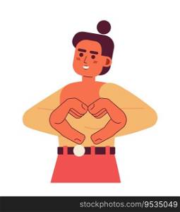Hands gesture semi flat color vector character. Cute latina woman showing heart sign. Share love. Smiling. Editable half body person on white. Simple cartoon spot illustration for web graphic design. Hands gesture semi flat color vector character