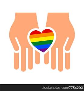 Hands gesture with heart and flag of pride lgbt, drawn fingers hold symbol lgbtq