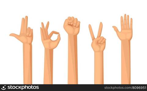 Hands gestures. Humans crowd pulls their hands up pointing. Vector conceptual background. Illustration of human finger sign. Hands gestures. Humans crowd pulls their hands up pointing. Vector conceptual background