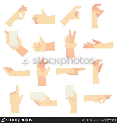 Hands gestures. Pointing hand gesture, women hands and hold in hand. Gesturing or holding, cosmetics handing, manicured palm hand expression. Vector cartoon illustration isolated signs set. Hands gestures. Pointing hand gesture, women hands and hold in hand vector cartoon illustration set