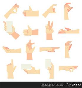 Hands gestures. Pointing hand gesture, women hands and hold in hand. Gesturing or holding, cosmetics handing, manicured palm hand expression. Vector cartoon illustration isolated signs set. Hands gestures. Pointing hand gesture, women hands and hold in hand vector cartoon illustration set