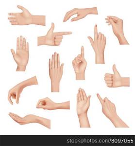Hands gestures. Realistic detailed anatomic people body parts human hands palm and fingers decent vector template. Illustration of hand realistic isolated, gesture to communication. Hands gestures. Realistic detailed anatomic people body parts human hands palm and fingers decent vector template