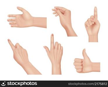 Hands gestures. Realistic human hands anatomy body parts palm and fingers decent vector hands collection isolated. Illustration gesture finger, human handshake gesturing. Hands gestures. Realistic human hands anatomy body parts palm and fingers decent vector hands collection isolated