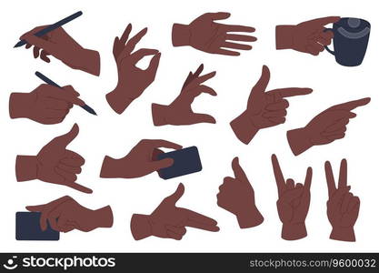 Hands gestures set graphic elements in flat design. Bundle of African American hands writing, holding cup, pointing, showing ok, like, rock, victory and other. Vector illustration isolated objects