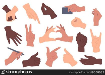Hands gestures set graphic elements in flat design. Bundle of caucasian and african american hands holding, pointing, showing heart, like, rock and other gestures. Vector illustration isolated objects