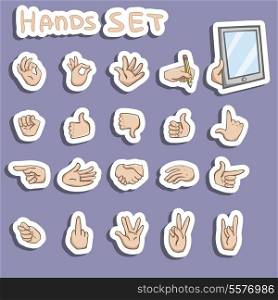 Hands gestures stickers set of pointing thumb expressions isolated vector illustration