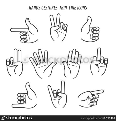 Hands gestures thin line icons. Hands gestures black thin line icons on white backgound. Vector illustration