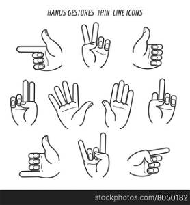 Hands gestures thin line icons. Hands gestures black thin line icons on white backgound. Vector illustration