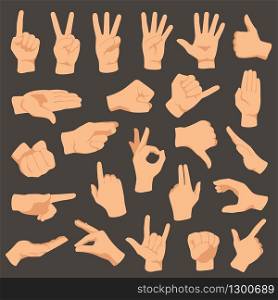 Hands gestures. Vector illustration set of gesture hand, collection pointing and ok, hold and press, language counting or gesturing. Hands gestures. Vector illustration set arm fingers