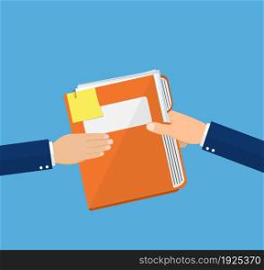 Hands Give Folder Document Papers, Concept Businessmen Share Information. vector illustration in flat style. Hands Give Folder Document Papers,