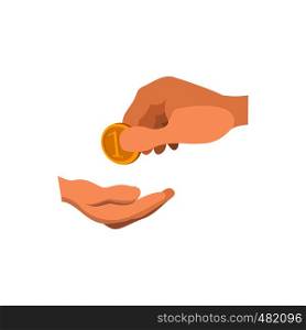 Hands giving and receiving money cartoon icon. Money charity on a white background. Hands giving and receiving money