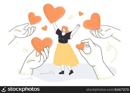 Hands giving hearts to happy tiny woman. Girl greeting group of volunteers donating to foundation or project flat vector illustration. Charity, love, assistance, solidarity concept for website design