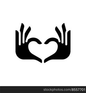 Hands heart gesture black glyph icon. Showing affection and love. Romantic relationship. Charity activity. Silhouette symbol on white space. Solid pictogram. Vector isolated illustration. Hands heart gesture black glyph icon