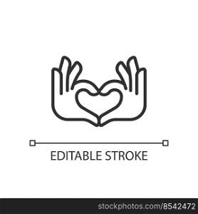 Hands heart gesture pixel perfect linear icon. Showing affection and love. Romantic relationship. Thin line illustration. Contour symbol. Vector outline drawing. Editable stroke. Arial font used. Hands heart gesture pixel perfect linear icon