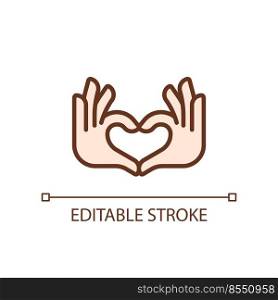 Hands heart gesture pixel perfect RGB color icon. Showing affection and love. Romantic relationship. Isolated vector illustration. Simple filled line drawing. Editable stroke. Arial font used. Hands heart gesture pixel perfect RGB color icon