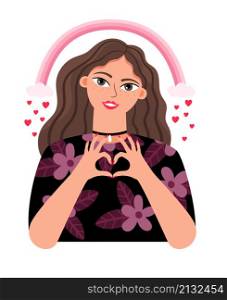 Hands heart girl. Happy caucasian woman in love isolated, vector beautiful smiling health pretty lady with hearts and rainbow on white background closeup. Hands heart girl