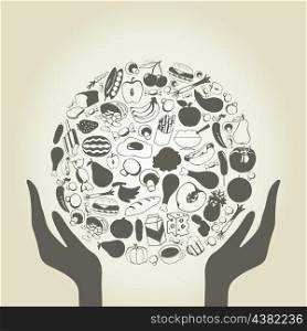 Hands hold a sphere from food. A vector illustration