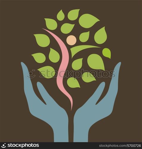 Hands hold a tree. A vector illustration