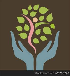 Hands hold a tree. A vector illustration