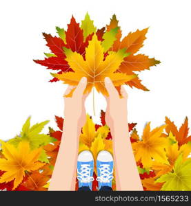 Hands hold autumn colorful leaves bright bouquet fall, floral. Hello Autumn lettering. Hands hold autumn colorful leaves bright bouquet fall, floral. Hello Autumn lettering. Vector illustration isolated