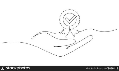 Hands hold award badge continuous line drawing. Approval check sign. Vector illustration isolated on white.. Hand hold award badge continuous line drawing.
