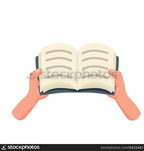 Hands hold book. Reading and hobbies. Self-education and study. Sheets with paper pages. Flat cartoon illustration. Hands hold book. Reading and hobbies