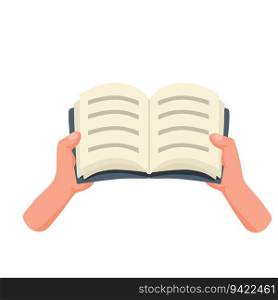 Hands hold book. Reading and hobbies. Self-education and study. Sheets with paper pages. Flat cartoon illustration. Hands hold book. Reading and hobbies
