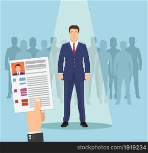 Hands hold CV profile. Pick business people to hire. Candidate for contract job. Curriculum, recruitment, HR concept. Businessman in spotlight. Vector illustration in flat style. Hands hold CV profile.