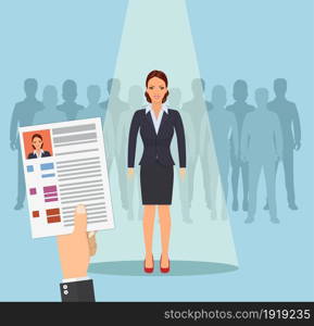 Hands hold CV profile. Pick business people to hire. Candidate for contract job. Curriculum, recruitment, HR concept. Businesswoman in spotlight. Vector illustration in flat style. Hands hold CV profile.