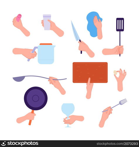 Hands hold kitchen tools. Woman hand holding knife, spoon fork and cutlery. People cooking, clean utensils in arms utter vector collection. Illustration preparation tools in hands to cook. Hands hold kitchen tools. Woman hand holding knife, spoon fork and cutlery. People cooking, clean utensils in arms utter vector collection