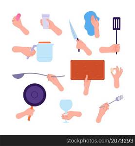 Hands hold kitchen tools. Woman hand holding knife, spoon fork and cutlery. People cooking, clean utensils in arms utter vector collection. Illustration preparation tools in hands to cook. Hands hold kitchen tools. Woman hand holding knife, spoon fork and cutlery. People cooking, clean utensils in arms utter vector collection