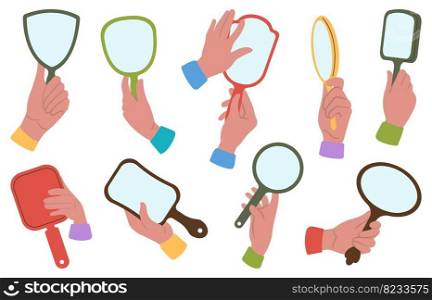 Hands hold mirror. Looking in decorative hand mirrors, inspiration romantic templates. Clean glass, makeup female accessories, decent vector set of beauty reflection illustration. Hands hold mirror. Looking in decorative hand mirrors, inspiration romantic templates. Clean glass, makeup female accessories, decent vector set