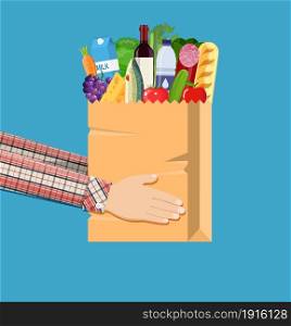 Hands hold paper shopping bag full of groceries products. Grocery store. Supermarket. Fresh organic food and drinks. Vector illustration in flat style. Hands hold paper bag with food