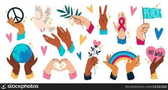 Hands hold peace symbols. Human arms with freedom, love, ecological elements and objects, planet Earth, rainbow, flying dove, stop war sign, charity and donation vector cartoon flat style isolated set. Hands hold peace symbols. Human arms with freedom, love, ecological elements and objects, planet Earth, rainbow, flying dove, stop war sign, charity and donation vector cartoon flat set