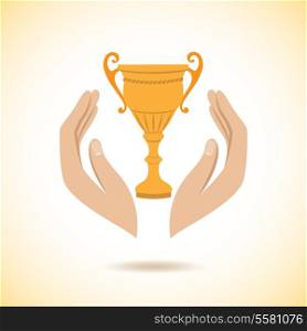 Hands hold protect trophy cup leadership concept vector illustration